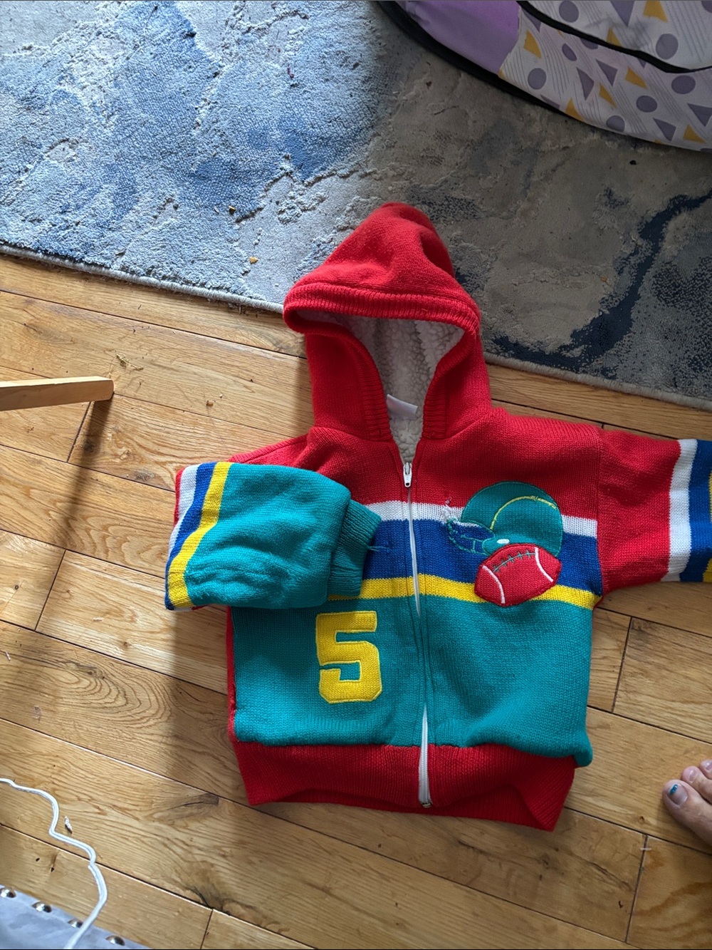 Vintage Kids Hooded Zip-Up Sweater Jacket with Football Patch sherpa lined